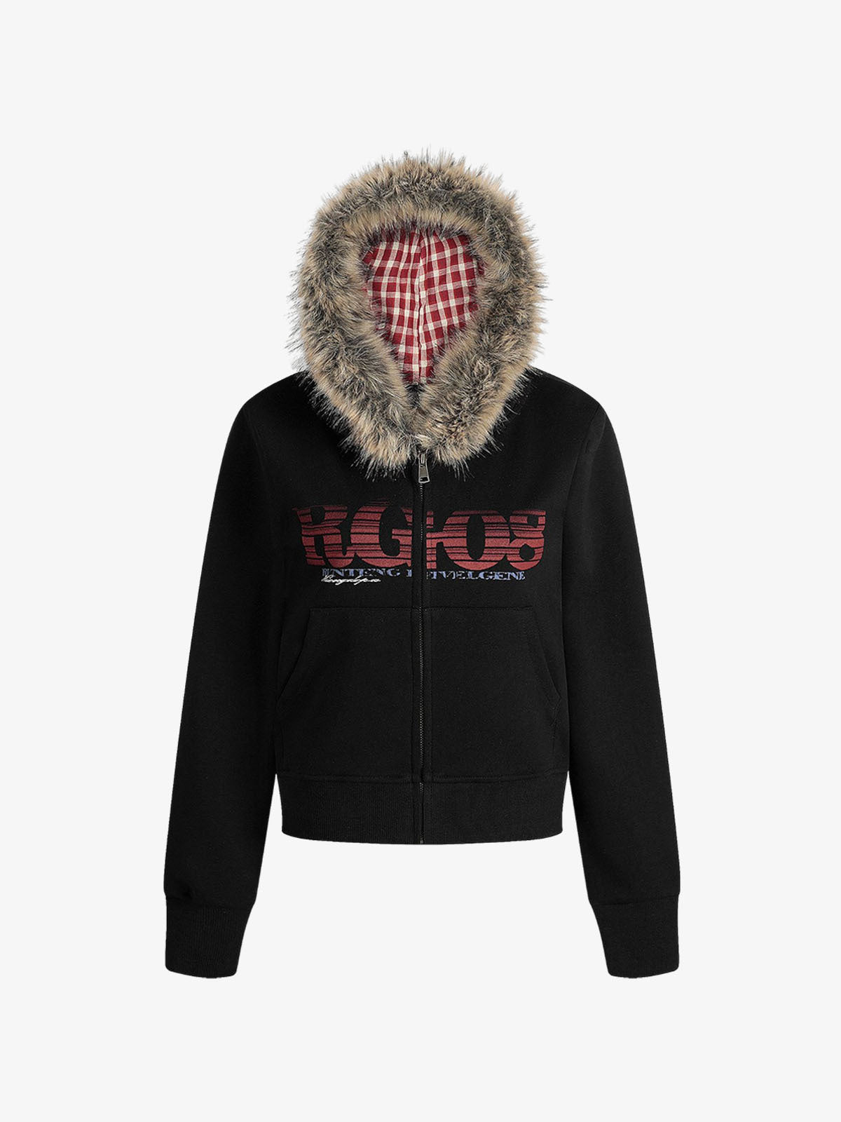 American Retro Gradient Letter Print Splicing Cardigan Fur Collar Coat