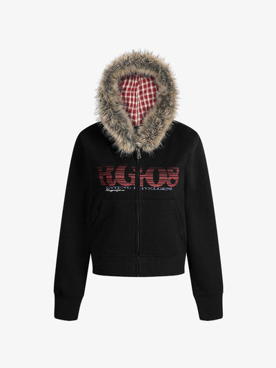 American Retro Gradient Letter Print Splicing Cardigan Fur Collar Coat