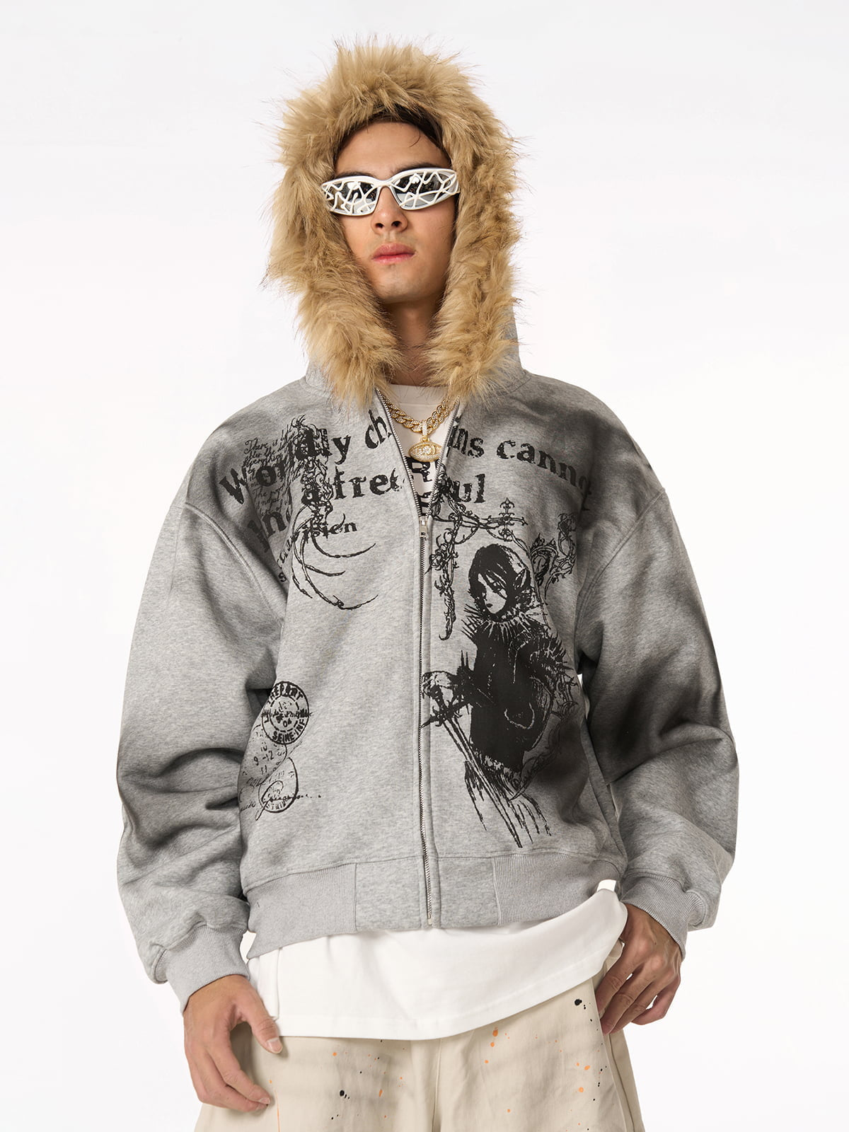 Supermade Mortemartt Fur-Trim Wasteland Hoodie Zip-Up Graphic Jacket