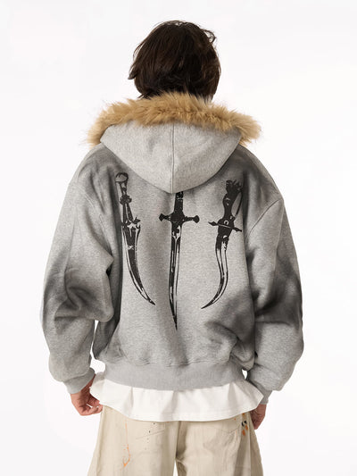 Supermade Mortemartt Fur-Trim Wasteland Hoodie Zip-Up Graphic Jacket