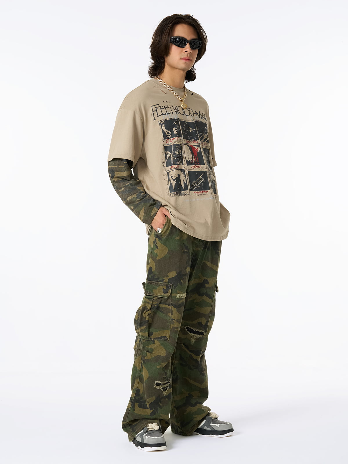 Distressed Camouflage Jersey Graphic T-Shirt with Faux Layering