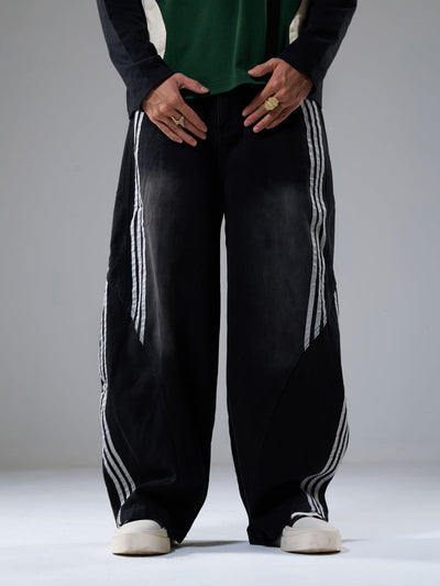 Striped Contrast Stitching Barrel Jeans Wide-Leg Diagonal Detail Relaxed Fit