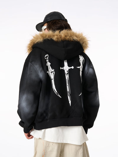 Supermade Mortemartt Fur-Trim Wasteland Hoodie Zip-Up Graphic Jacket