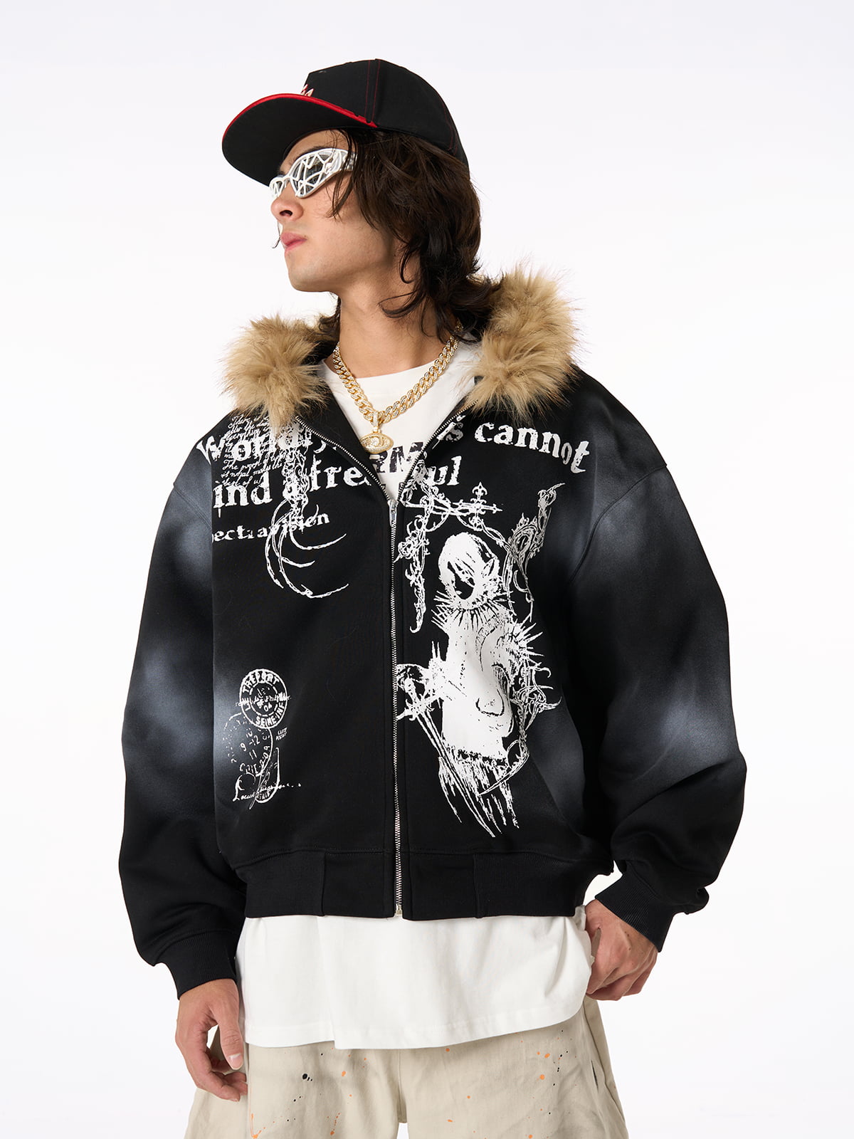 Supermade Mortemartt Fur-Trim Wasteland Hoodie Zip-Up Graphic Jacket