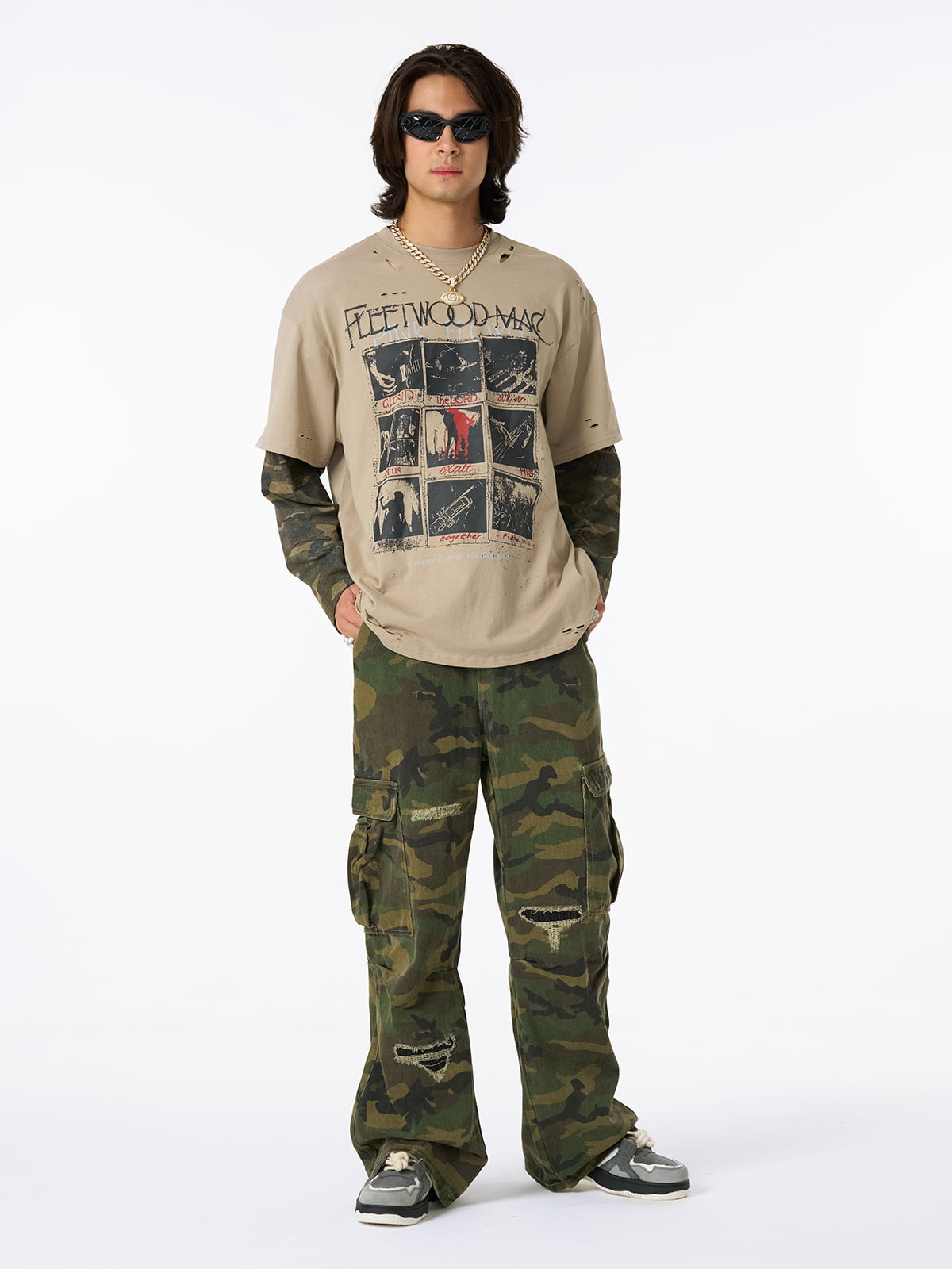 Distressed Camouflage Jersey Graphic T-Shirt with Faux Layering