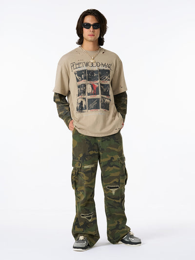 Distressed Camouflage Jersey Graphic T-Shirt with Faux Layering