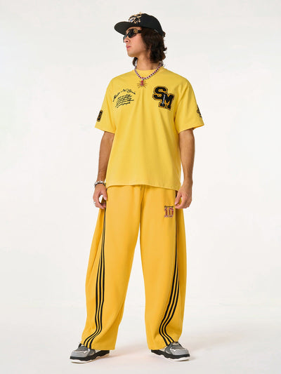 Vintage Paratrooper Wide-Leg Fleece Pants with Side Stripe Drawstring Waist