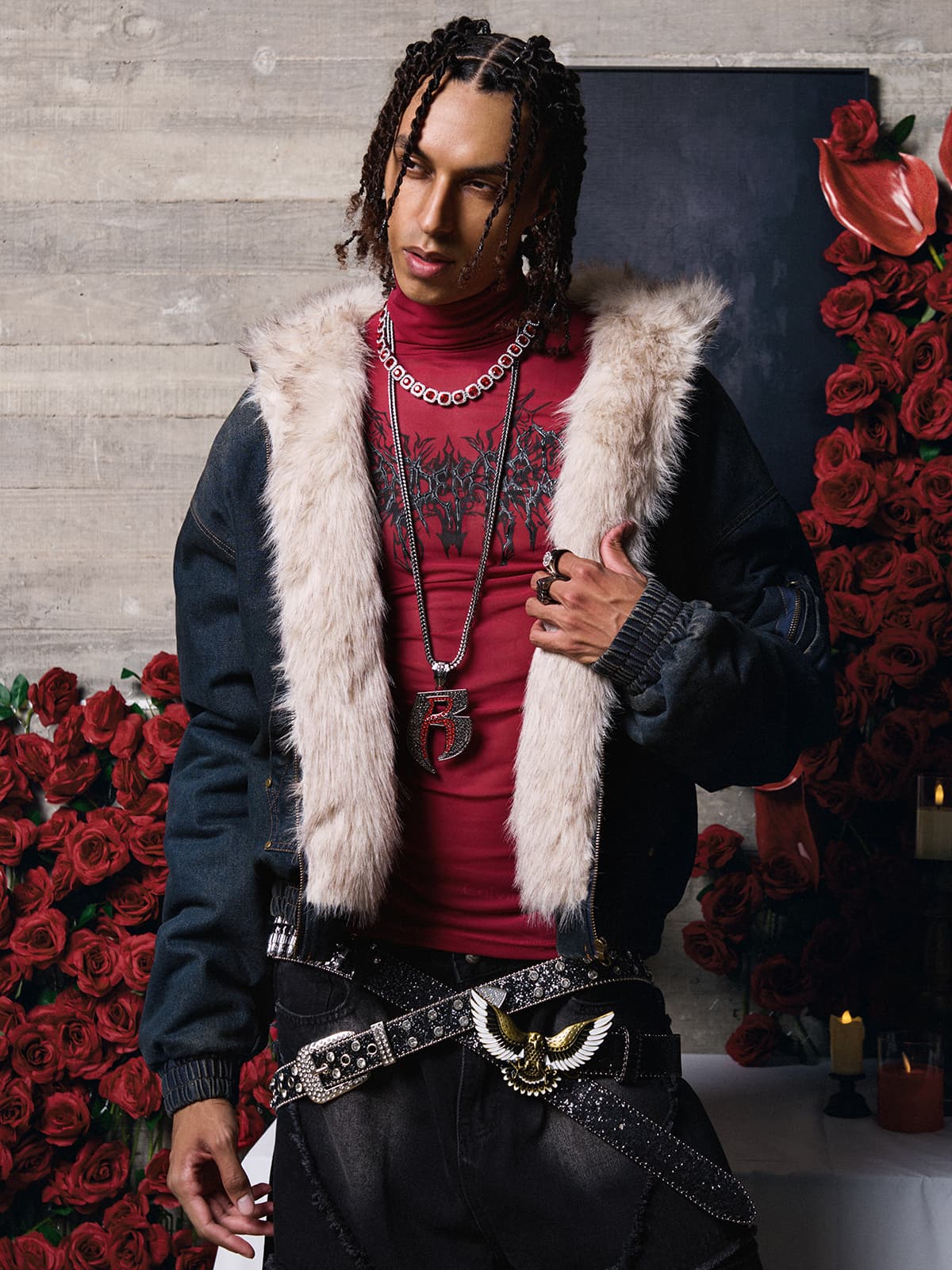 Washed Denim Jacket with Faux Fur Hooded Lining Thickened Cotton