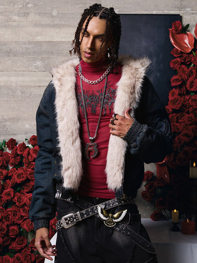 Washed Denim Jacket with Faux Fur Hooded Lining Thickened Cotton