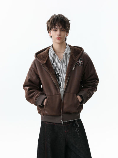 Vintage Skull-Embroidered Fleece-Lined Hooded Leather Bomber Jacket Distressed Badge