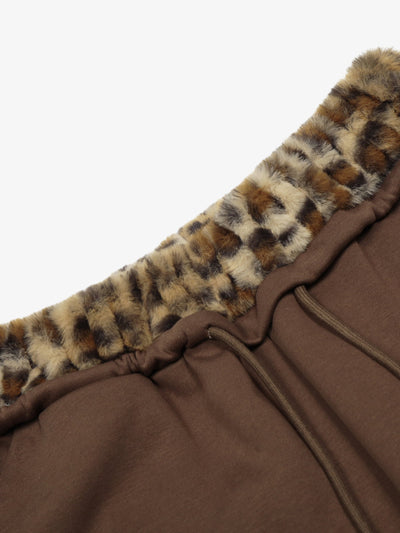 Retro Double-Waist Leopard-Trim Wide-Leg Barrel Pants with Pockets