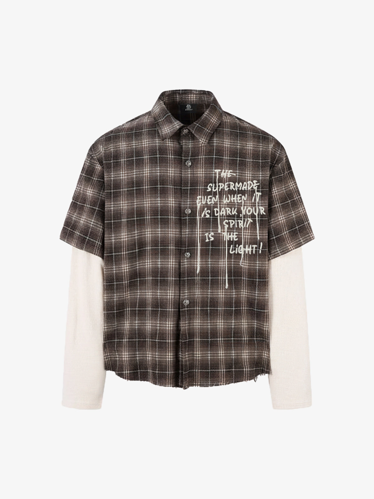 Distressed Plaid Faux Two-Piece Shirt with Embroidered Frayed Hem