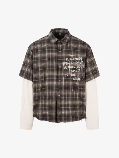 Distressed Plaid Faux Two-Piece Shirt with Embroidered Frayed Hem