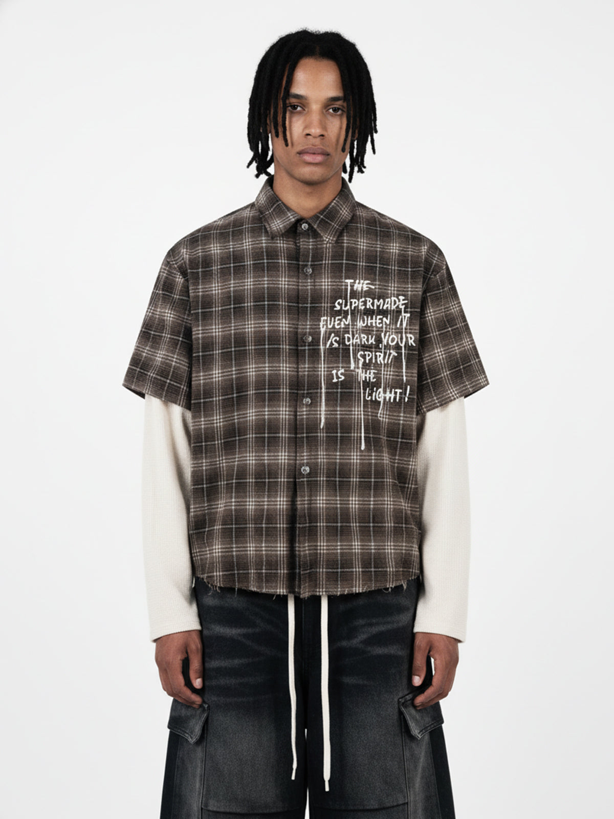 Distressed Plaid Faux Two-Piece Shirt with Embroidered Frayed Hem