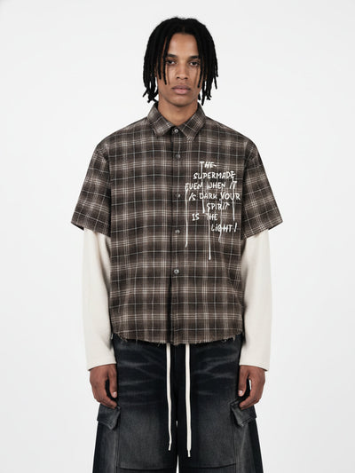 Distressed Plaid Faux Two-Piece Shirt with Embroidered Frayed Hem