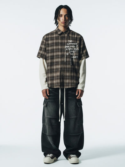 Distressed Plaid Faux Two-Piece Shirt with Embroidered Frayed Hem