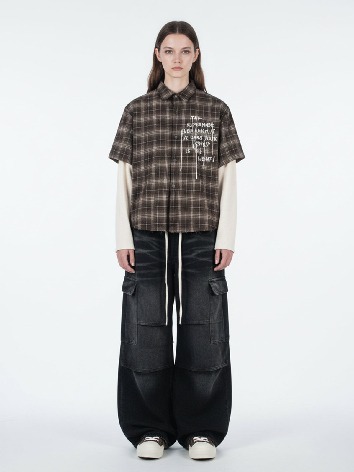 Distressed Plaid Faux Two-Piece Shirt with Embroidered Frayed Hem