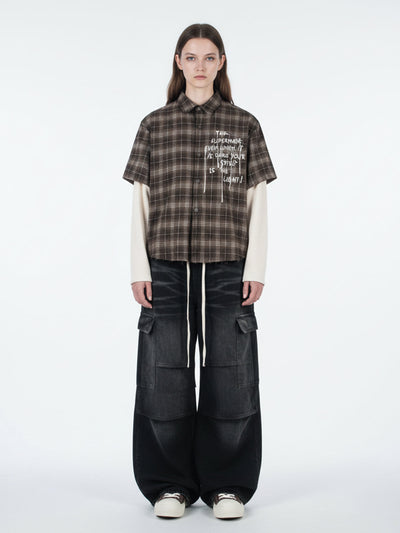 Distressed Plaid Faux Two-Piece Shirt with Embroidered Frayed Hem