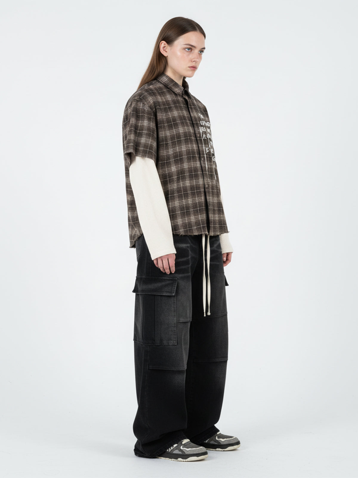 Distressed Plaid Faux Two-Piece Shirt with Embroidered Frayed Hem