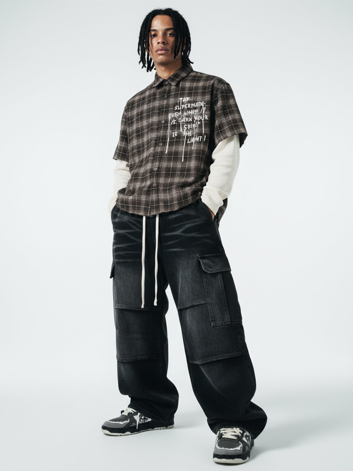 Distressed Plaid Faux Two-Piece Shirt with Embroidered Frayed Hem