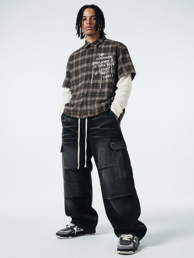 Distressed Plaid Faux Two-Piece Shirt with Embroidered Frayed Hem