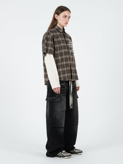Distressed Plaid Faux Two-Piece Shirt with Embroidered Frayed Hem