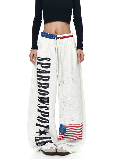 Retro Letter Flag Print Wide-Leg Straight Sweatpants for Streetwear