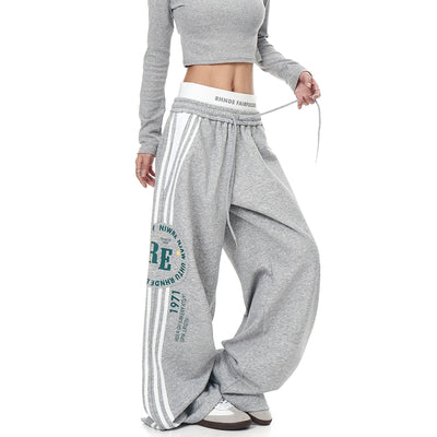 American Street Double-Waist Lettered Wide-Leg Drawstring Unisex Sweatpants