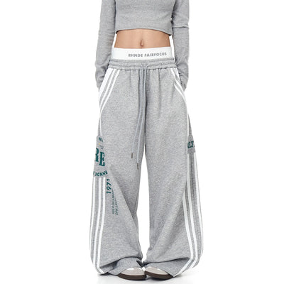 American Street Double-Waist Lettered Wide-Leg Drawstring Unisex Sweatpants