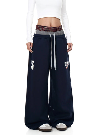 Vintage High-Waist Patchwork Straight-Leg Unisex Cotton Blend Sweatpants