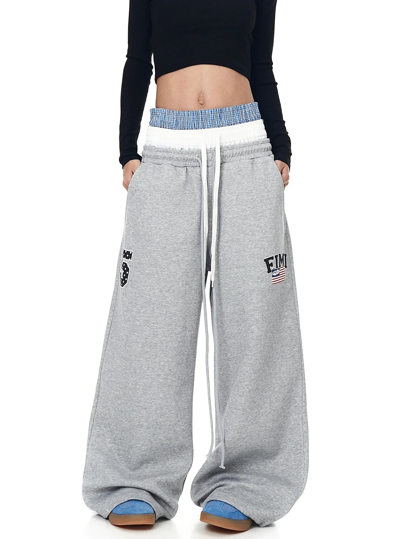 Vintage High-Waist Patchwork Straight-Leg Unisex Cotton Blend Sweatpants