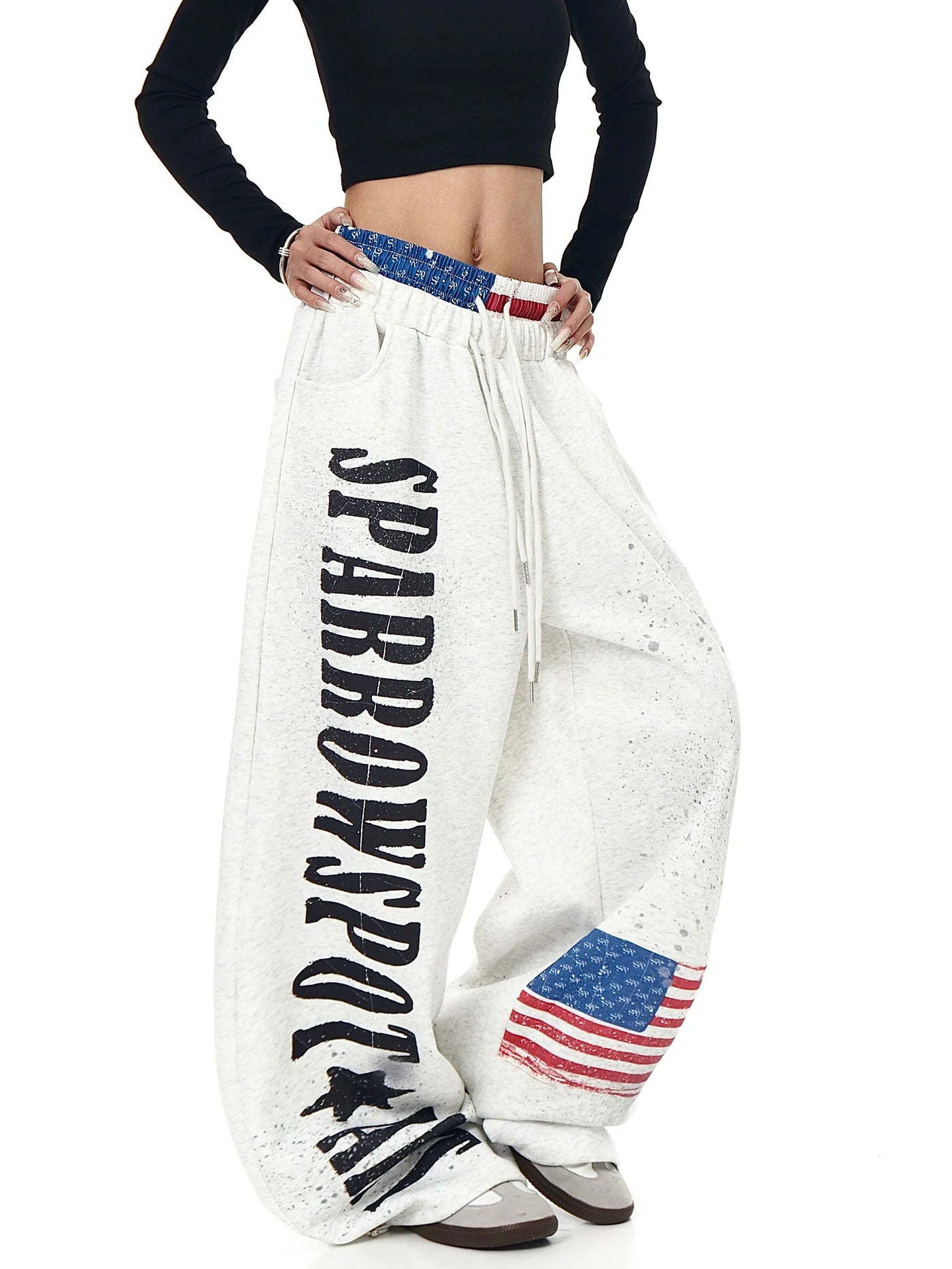 Retro Letter Flag Print Wide-Leg Straight Sweatpants for Streetwear