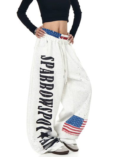 Retro Letter Flag Print Wide-Leg Straight Sweatpants for Streetwear
