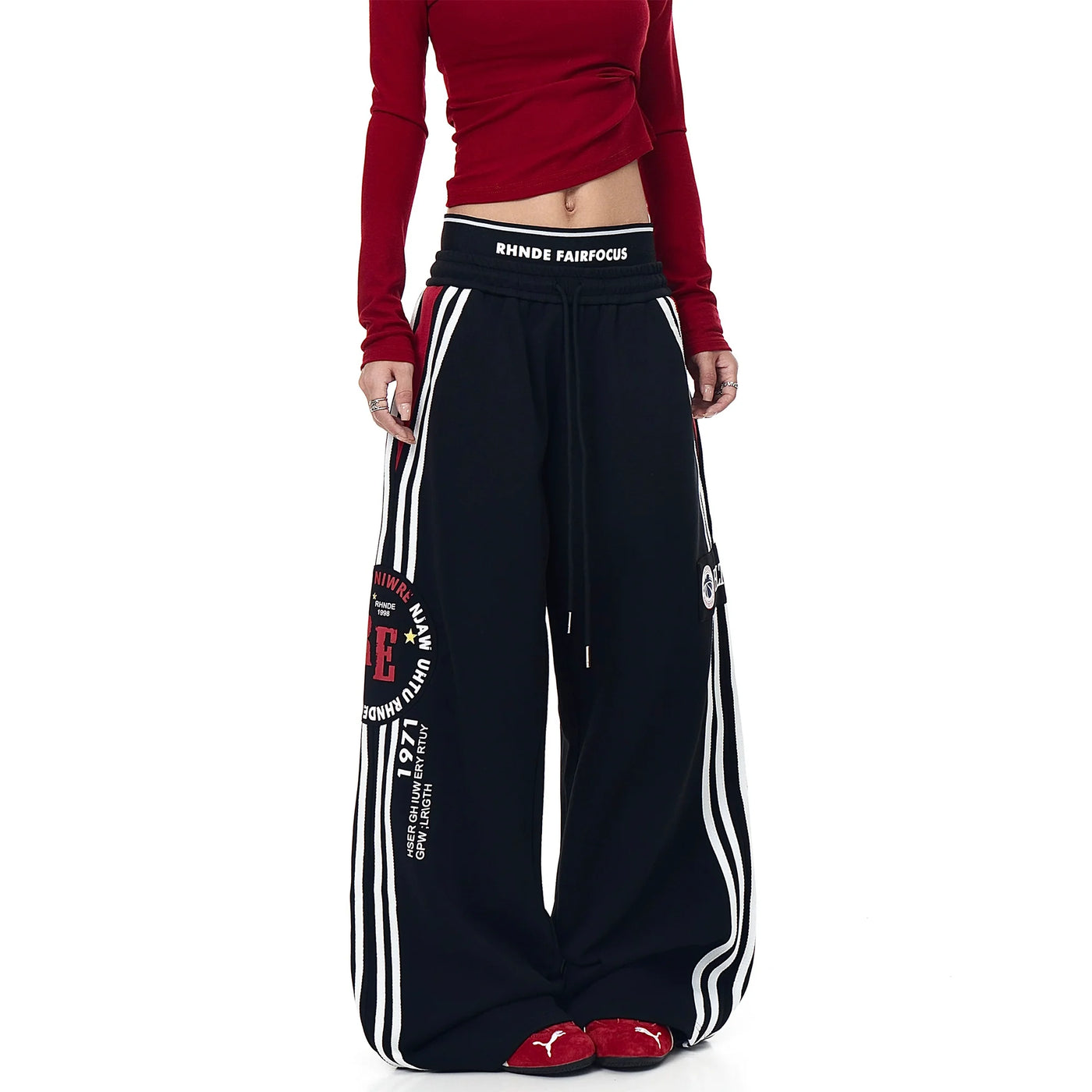American Street Double-Waist Lettered Wide-Leg Drawstring Unisex Sweatpants