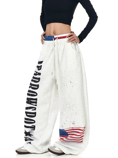 Retro Letter Flag Print Wide-Leg Straight Sweatpants for Streetwear