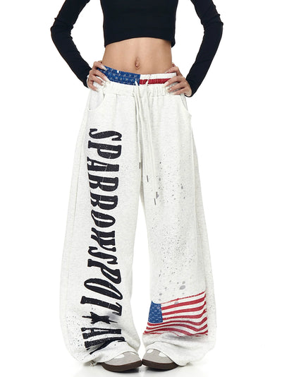 Retro Letter Flag Print Wide-Leg Straight Sweatpants for Streetwear