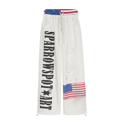 Retro Letter Flag Print Wide-Leg Straight Sweatpants for Streetwear