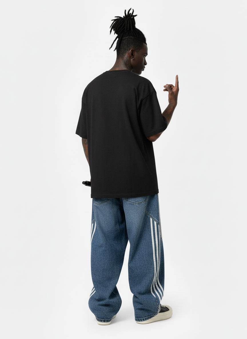 Striped Contrast Stitching Barrel Jeans Wide-Leg Diagonal Detail Relaxed Fit