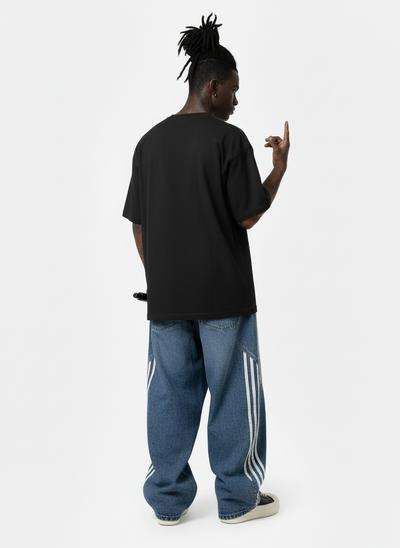 Striped Contrast Stitching Barrel Jeans Wide-Leg Diagonal Detail Relaxed Fit