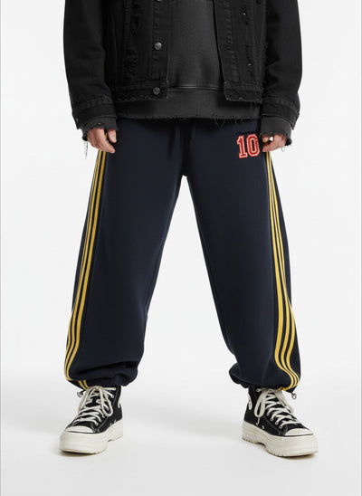 Vintage Paratrooper Wide-Leg Fleece Pants with Side Stripe Drawstring Waist