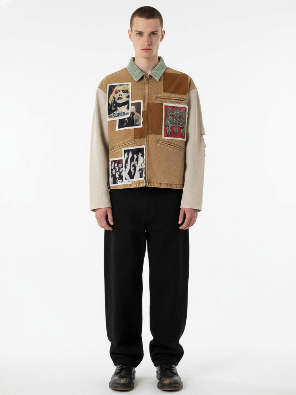 Punk Retro Collage Distressed Heavy Jacket with Patchwork Graphics