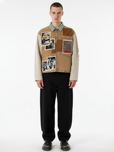 Punk Retro Collage Distressed Heavy Jacket with Patchwork Graphics