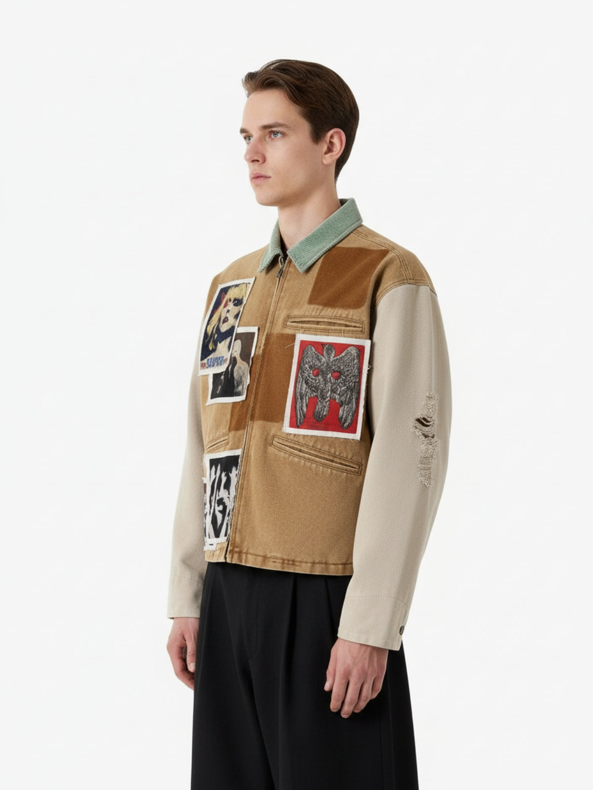 Punk Retro Collage Distressed Heavy Jacket with Patchwork Graphics