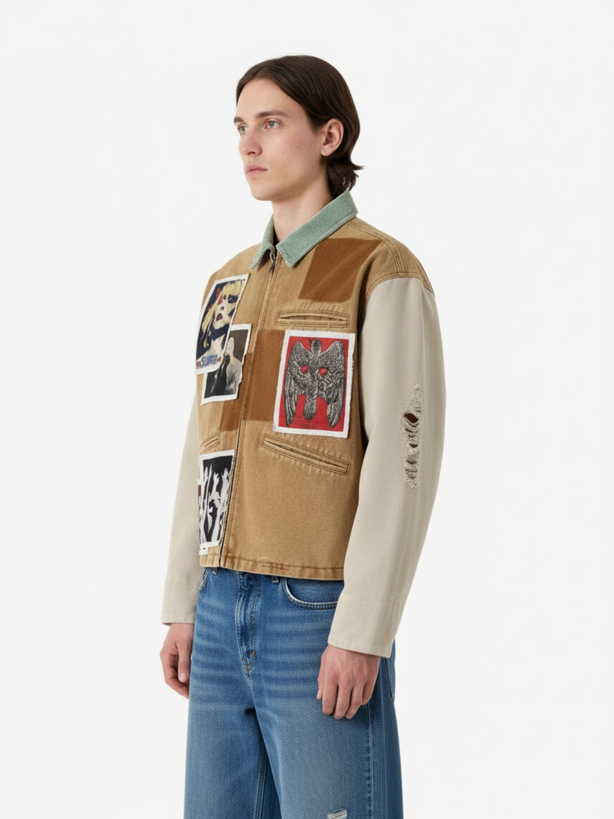 Punk Retro Collage Distressed Heavy Jacket with Patchwork Graphics