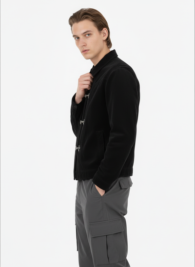 Retro Suede Lapel Bomber Jacket with Toggle Metal Buttons