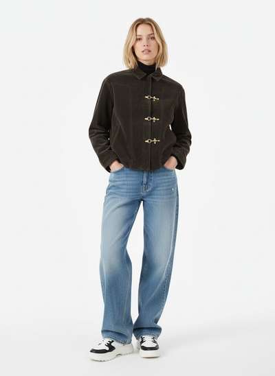 Retro Suede Lapel Bomber Jacket with Toggle Metal Buttons