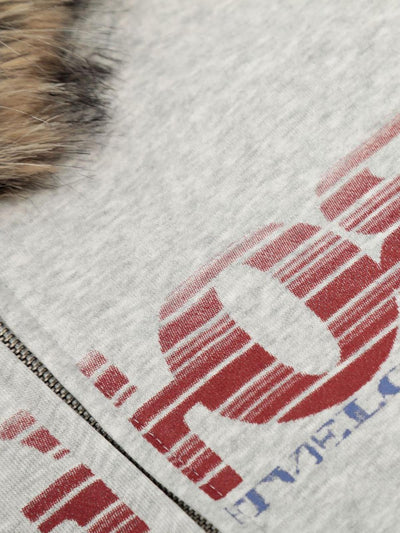 American Retro Gradient Letter Print Splicing Cardigan Fur Collar Coat