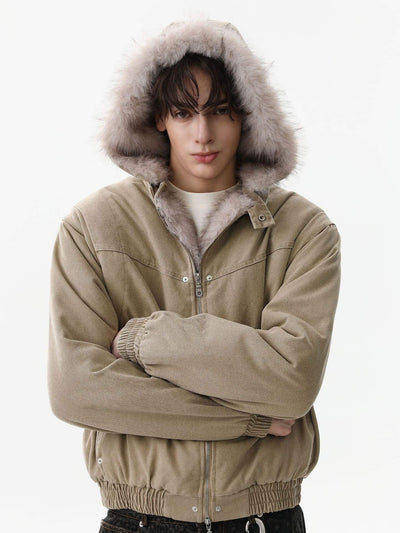 Street Outdoor Detachable Fur Collar Fleece Hooded Padded Jacket