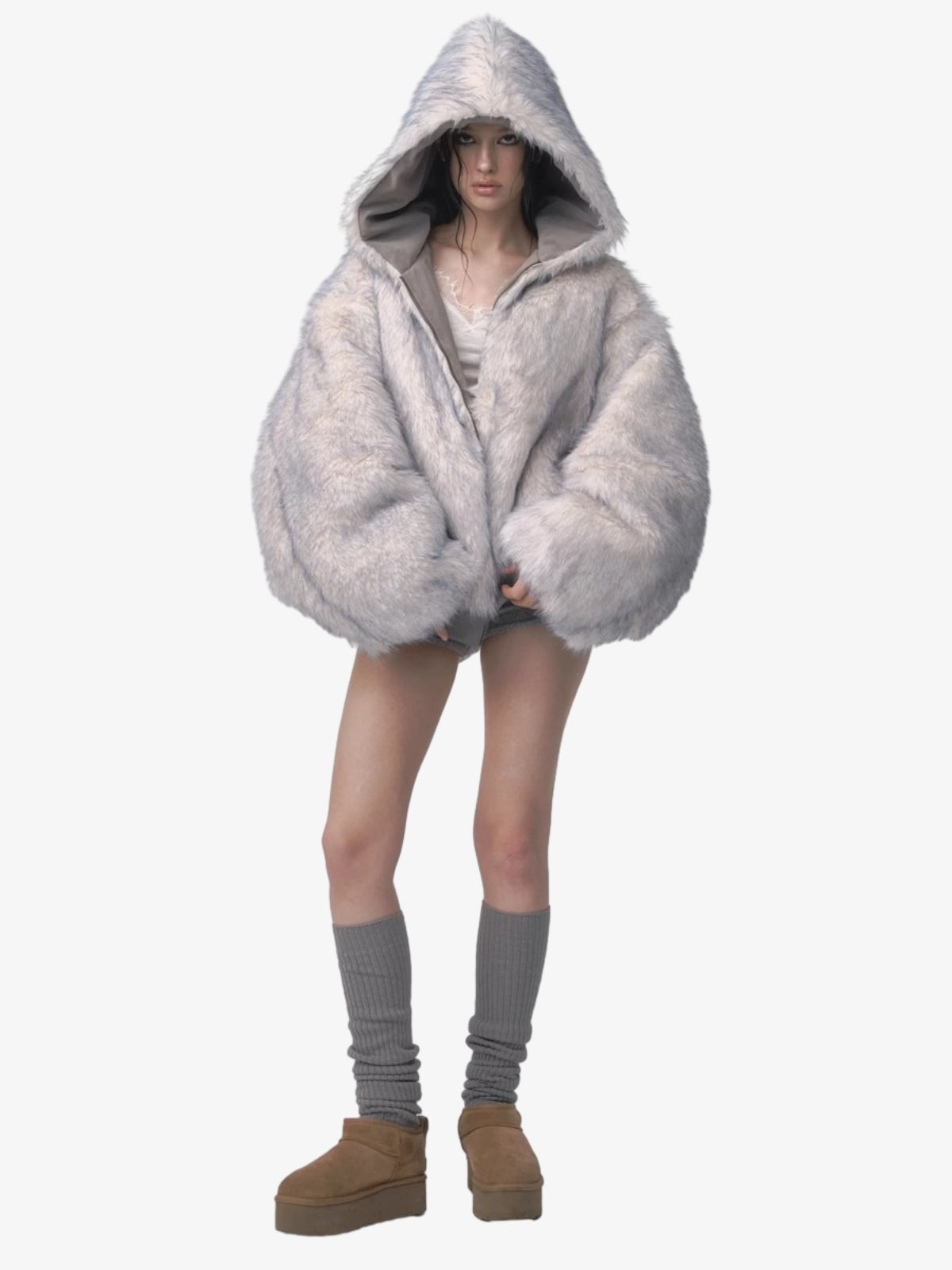 Oversized Reversible Plush Hooded Jacket with Faux Fur Lining