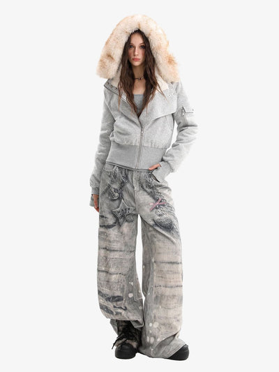 Retro Faux Fur Collar Fleece Hoodie Jacket with Zipper Pockets